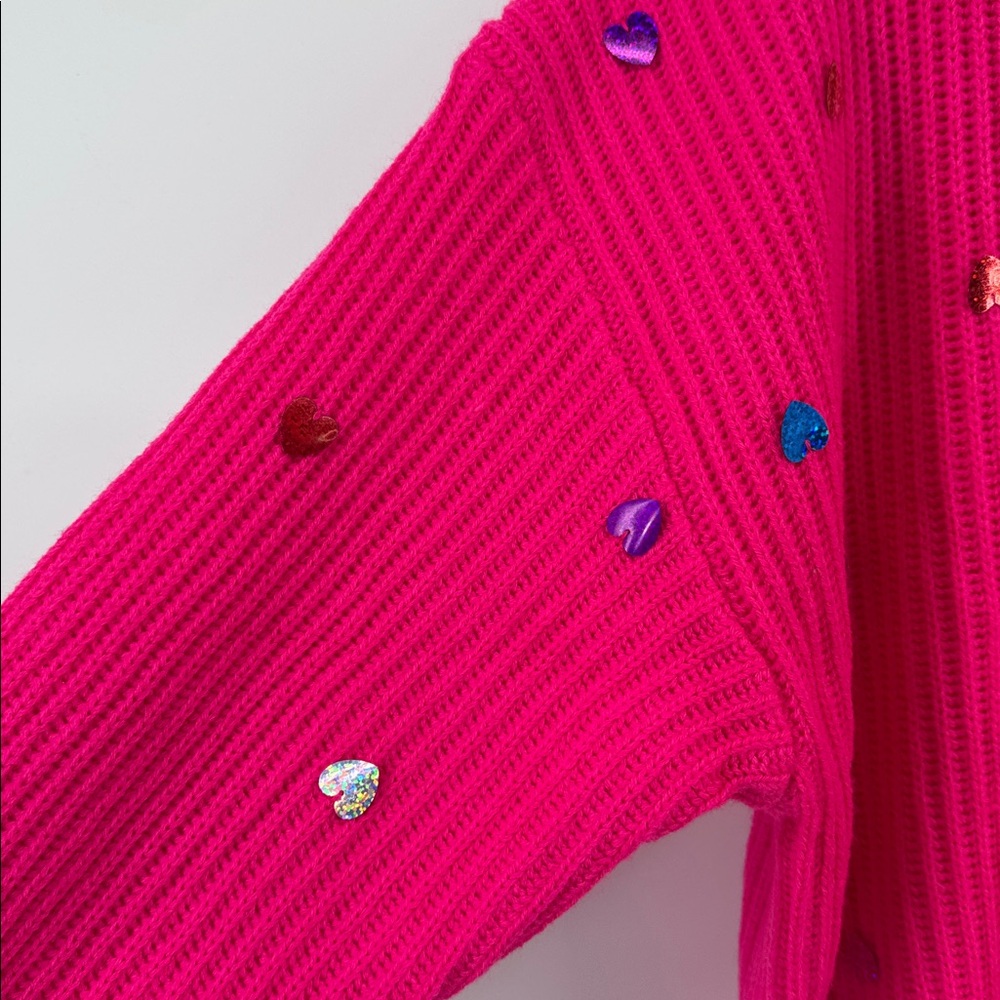 JODIFL Waffle Knit Vibrant Pink Sweater with Sequins Hearts Women's Size L NWT - Picture 4 of 9